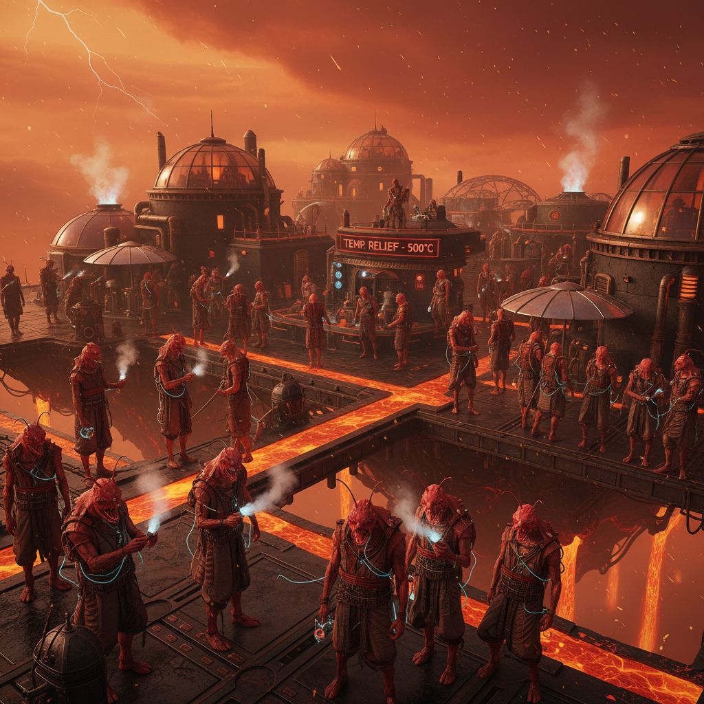 A bustling village on Venus with all the lifeforms very hot and uncomfortable