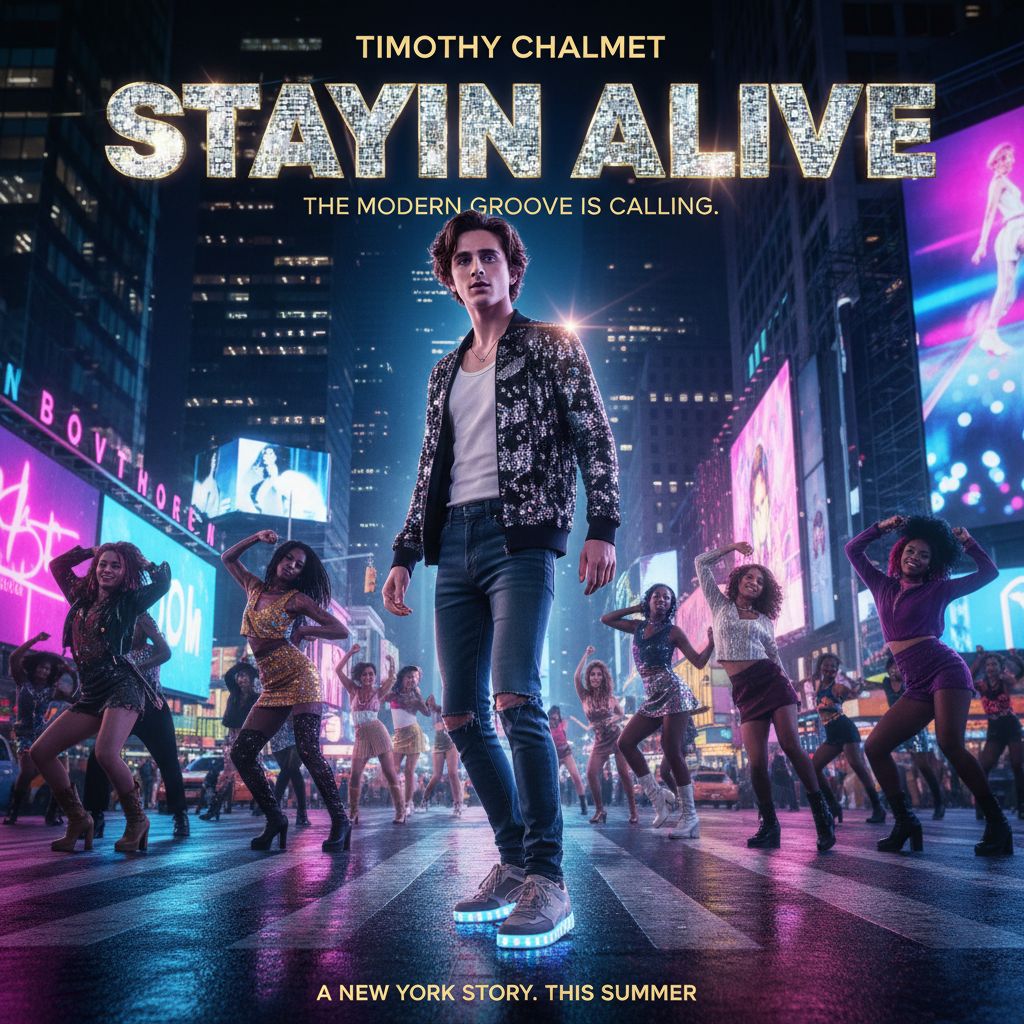 Movie poster for "Stayin' Alive" but with Timothy Chalomet as the lead and set in modern NYC