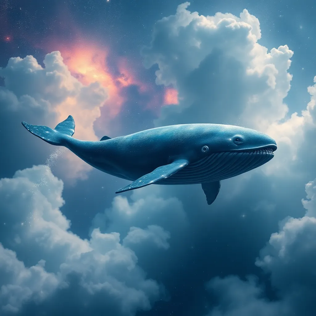 A cosmic whale swimming through nebula clouds, trailing stardust from its fins
