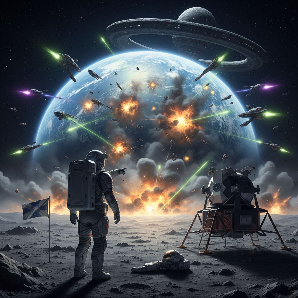 Astronauts watching the earth rise from the moon while the earth is attacked by aliens.