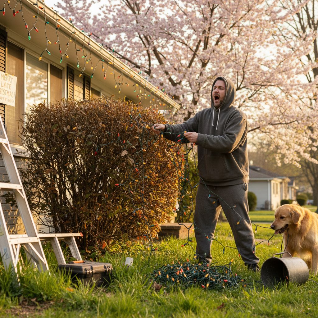 A lazy dad, finally taking the outdoor Christmas lights down many months later 
