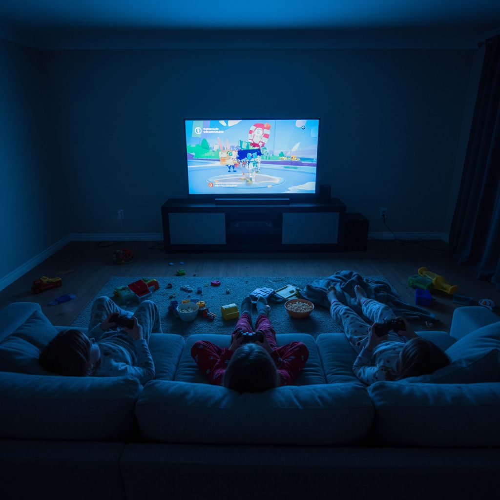 Kids sitting on a couch, watching tv, like zombies. 