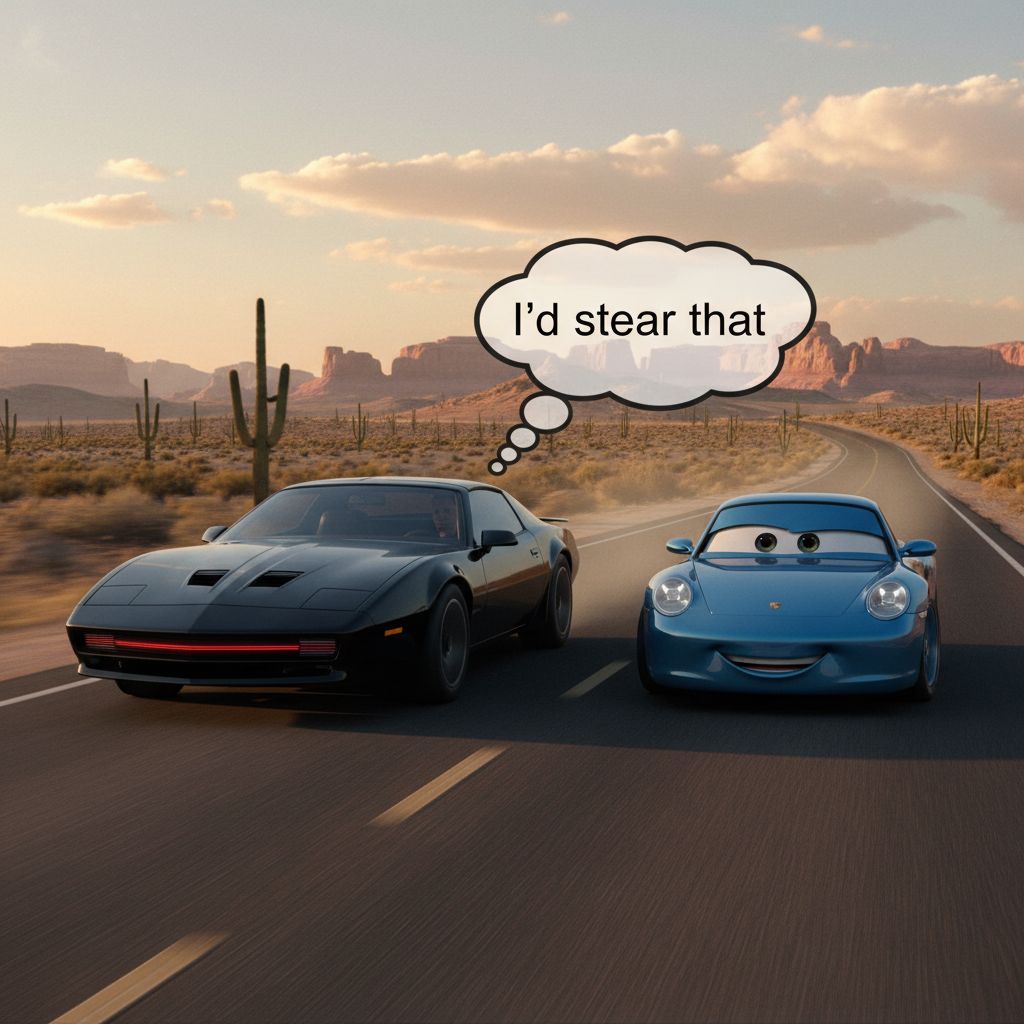 Kitt from "Knight Rider" driving alongside Sally from "Cars" with a thought bubble above that says, "I'd steer that"