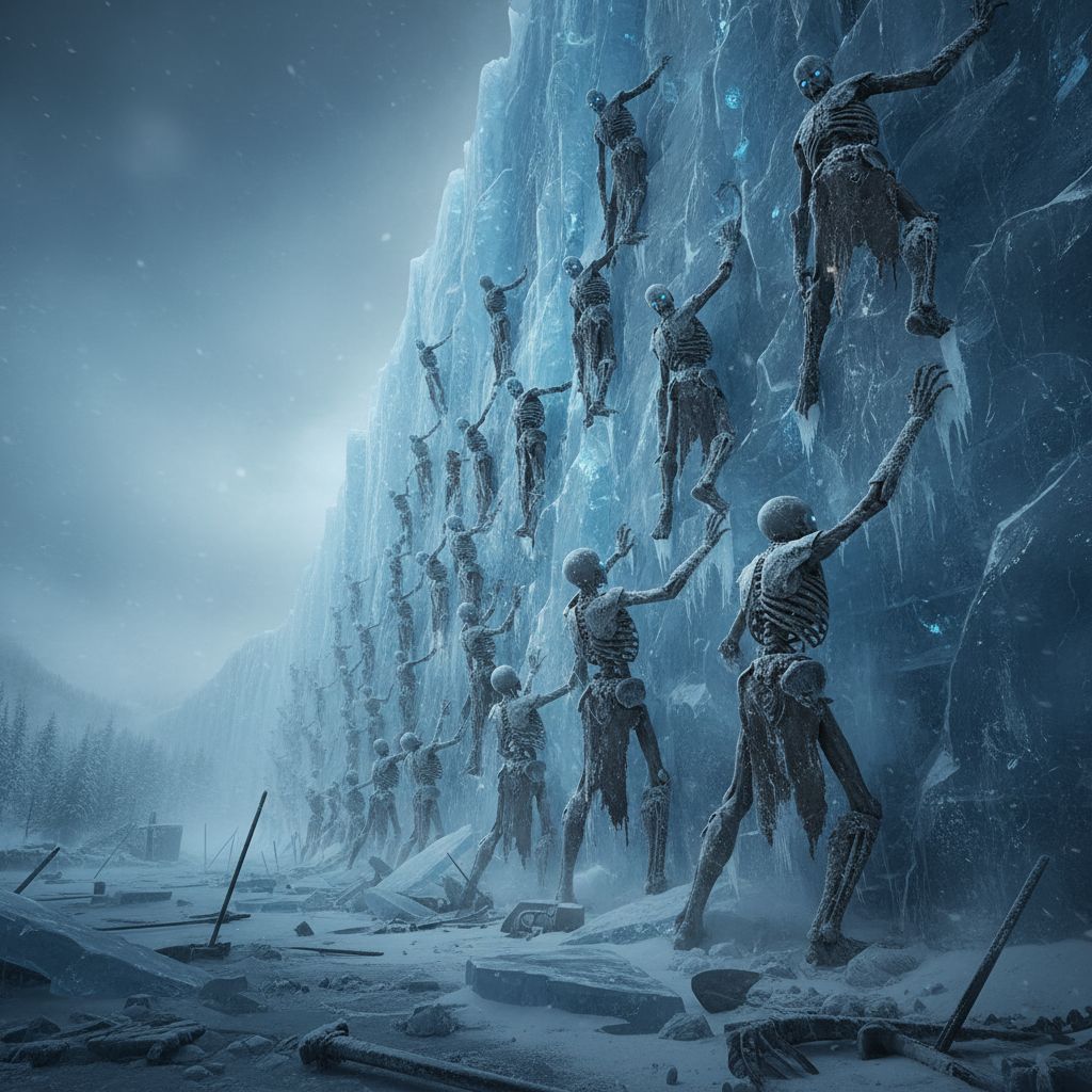Whitewalkers clambering over the ice wall in the style of game of thrones.