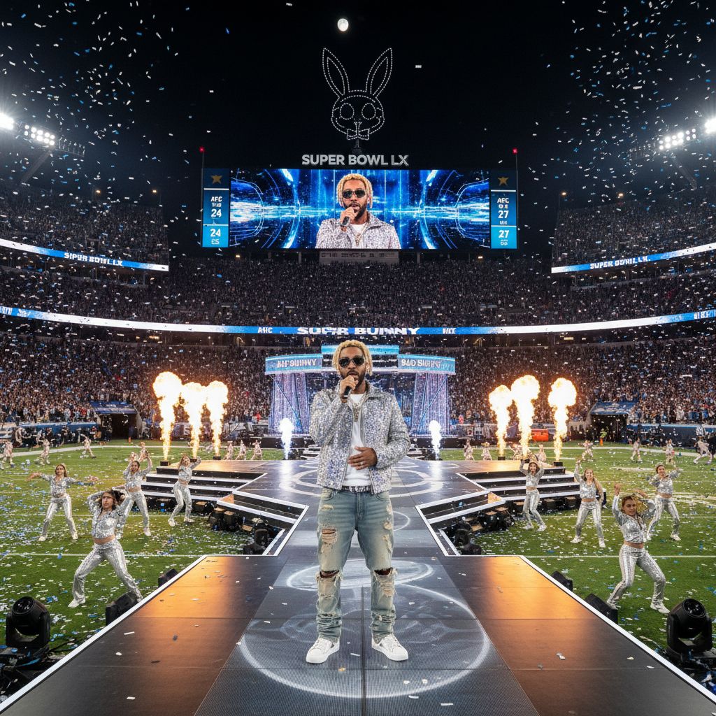 Super Bowl LX half time show with Bad Bunny performing in Levi Stadium