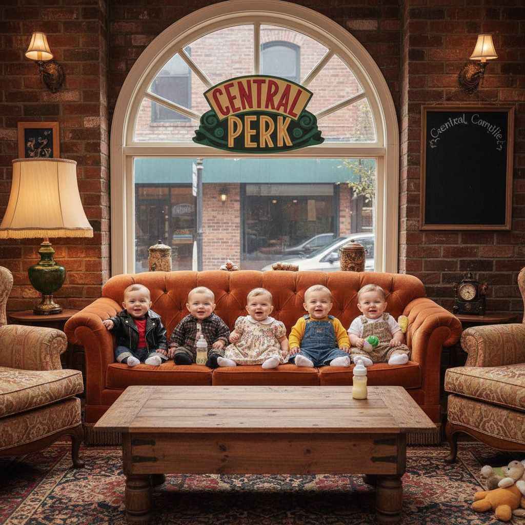 The actors from 'Friends' but as babies, posing on the famous couch of the cafe 'Central Perk'