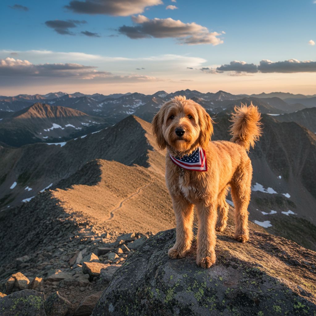 A golden doodle proudly conquering a 14er