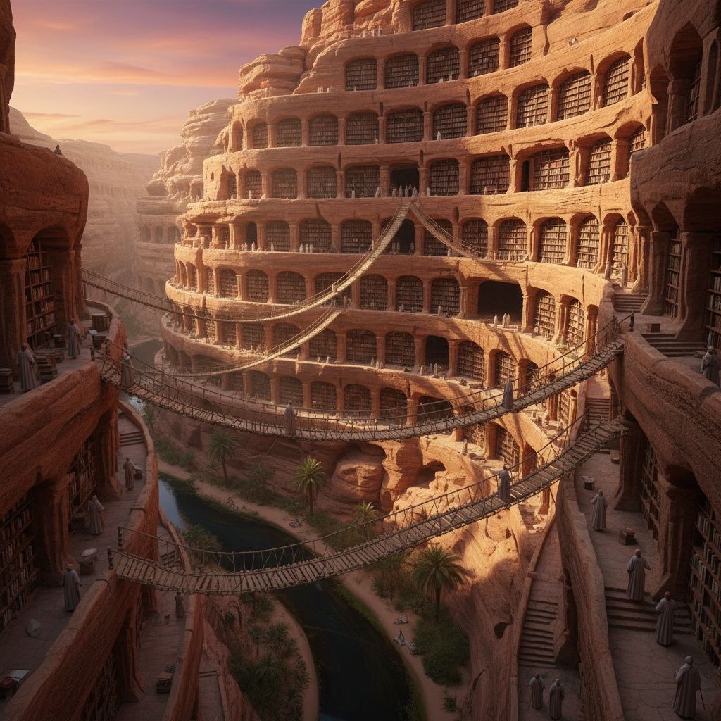 Ancient library carved into a desert canyon wall, with rope bridges connecting different levels