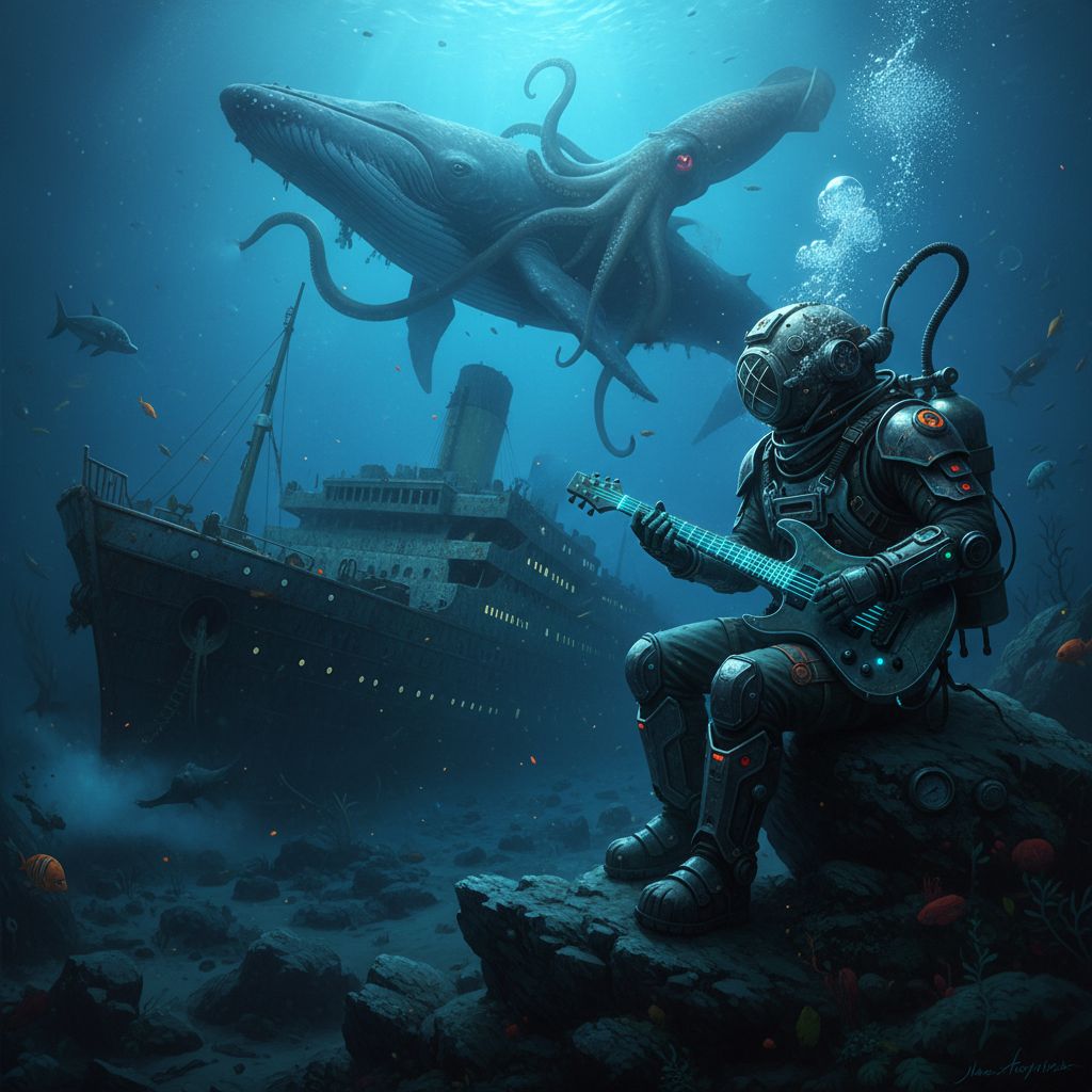 A deep sea diver playing guitar in the Mariana trench with the wreck of the Titanic and a sperm whale battling a giant squid in the background.