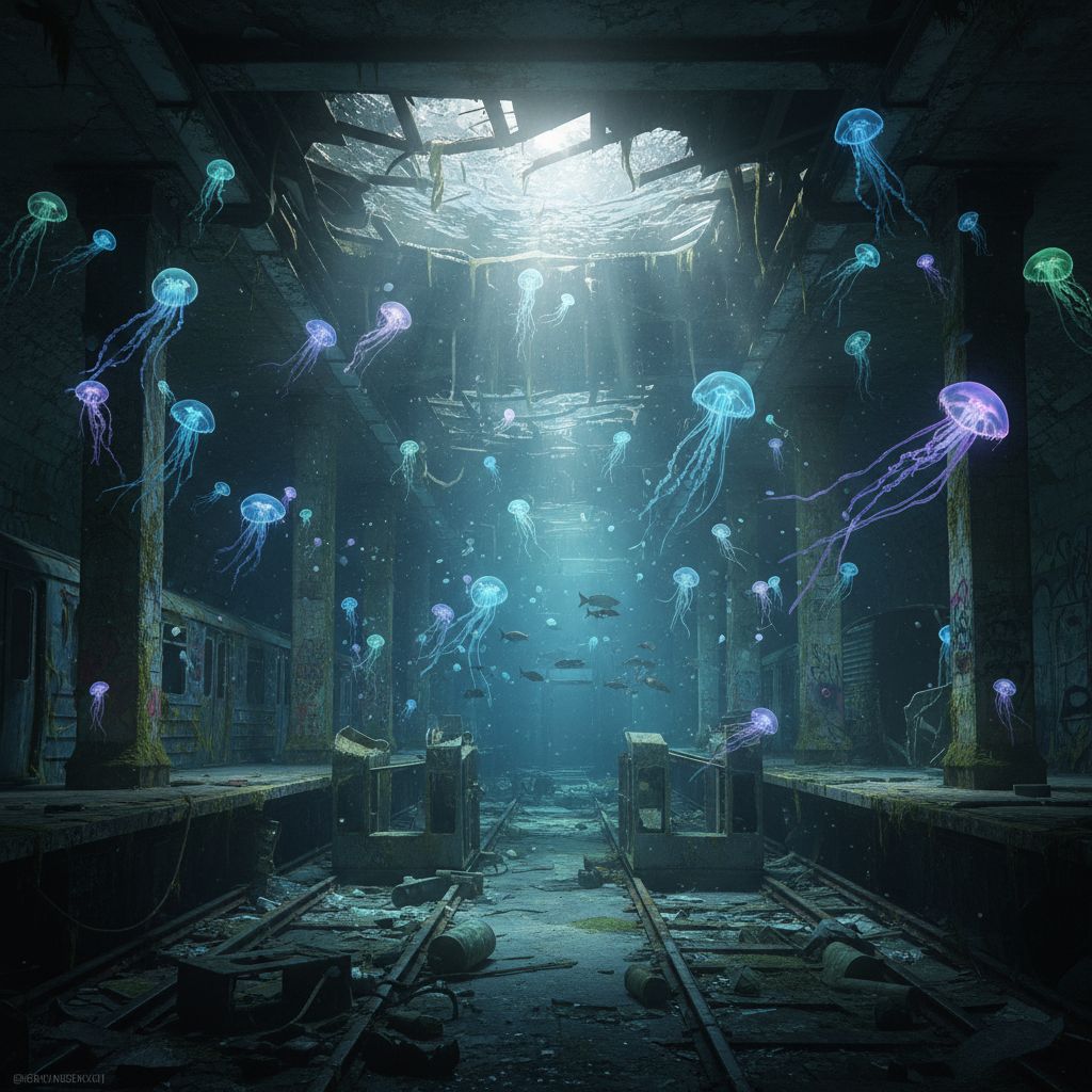 Bioluminescent jellyfish floating through an abandoned underwater subway station