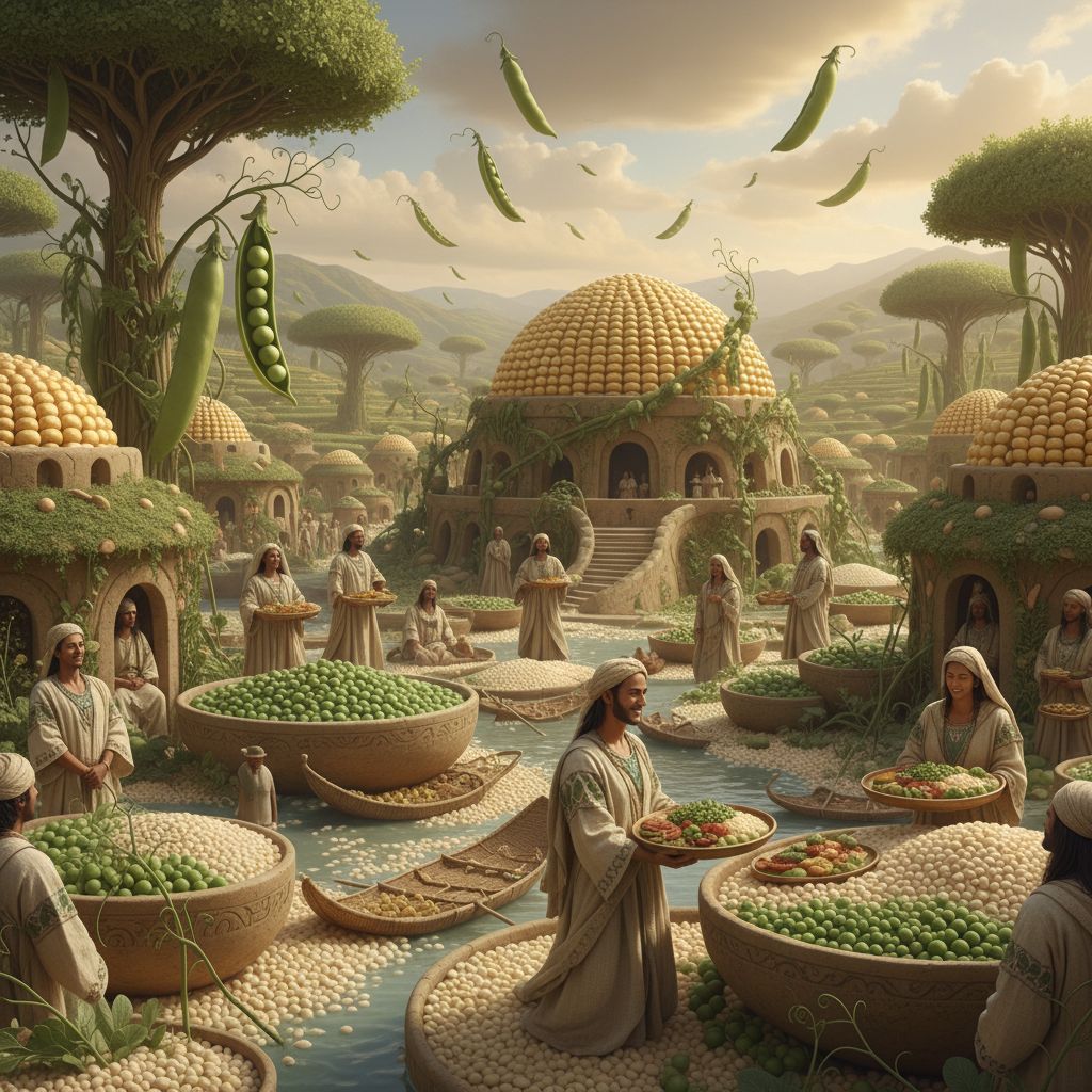 An ancient world in which people live in peace and harmony because they have imagined a world full of peas and hominy.