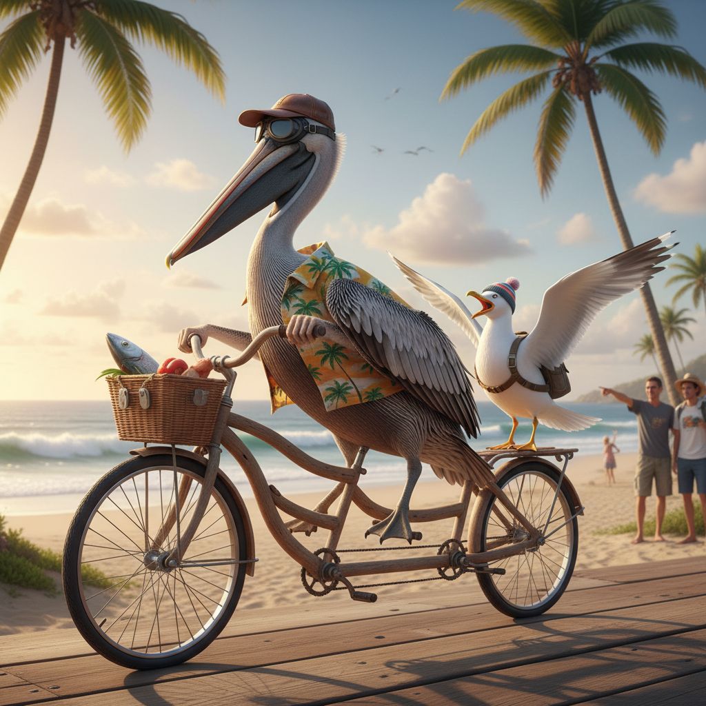 A pelican riding a tandem bicycle with a seagull in back